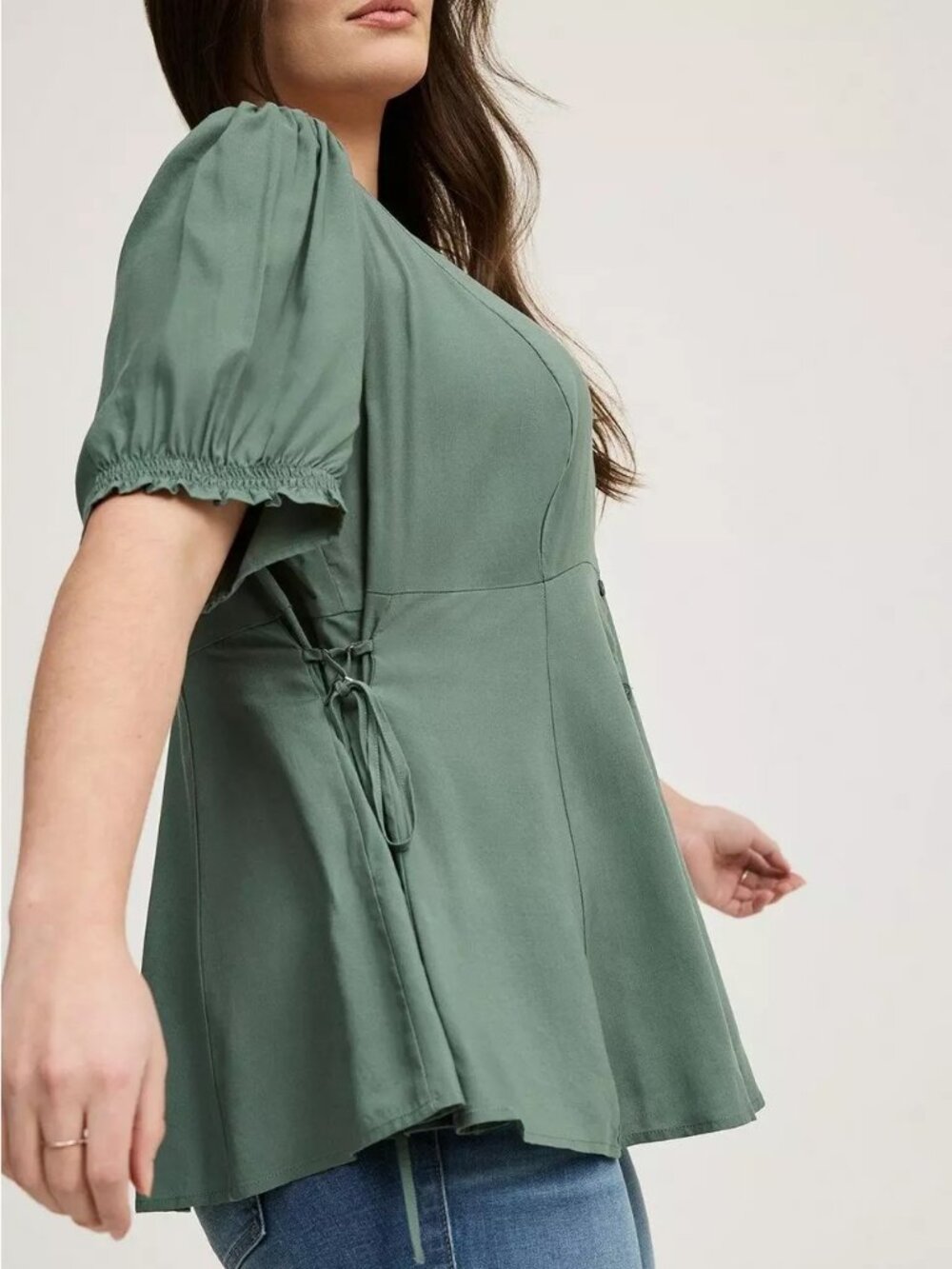 Torrid "Dark Forest" Challis Side Tie Button Front V-Neck Top Plus Size 3 - Picture 3 of 13